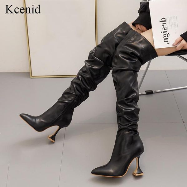 

kcenid size 35-42 2021 new women over the knee boots high heel pleated long botas winter shoes women pointed toe footwear1, Black