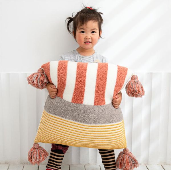 

cushion/decorative pillow regina cute lantern ball tassel cushion cover stripe plaid contrast color throw 45*45 kid toy sofa couch pillowcas