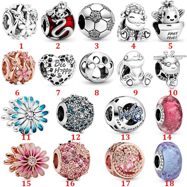 Echtes 925er-Sterlingsilber, passend für Pandora-Armbänder, Roségold, Gänseblümchen-Glasperlen, Schnur-Anhänger, Perlen, Liebesherz, blauer Crysta-Charm für DIY-Perlen-Charms