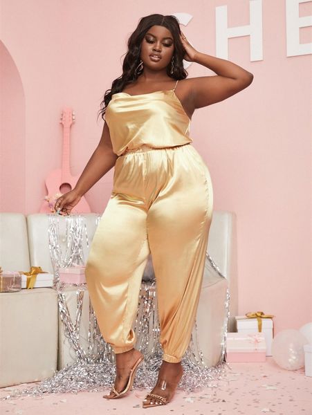 

sxy plus polka dot side cowl neck satin cami jumpsuit 22c0#, Black