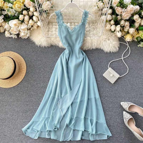 

summer 2020 fashion new women v neck polka dot printed long rode woman ruffle layer slim seaside holiday beach dresses vestidos1, Black;gray