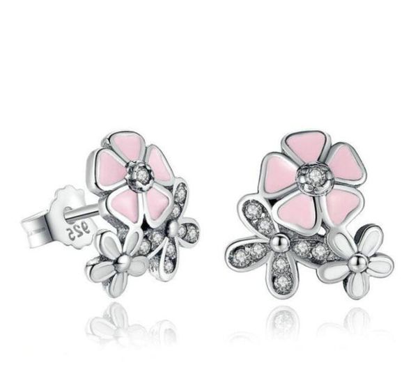 

authentic 925 silver white pink flowers stud earrings for pandora cz cd diamond wedding 18k gold earring with original box set, Golden;silver
