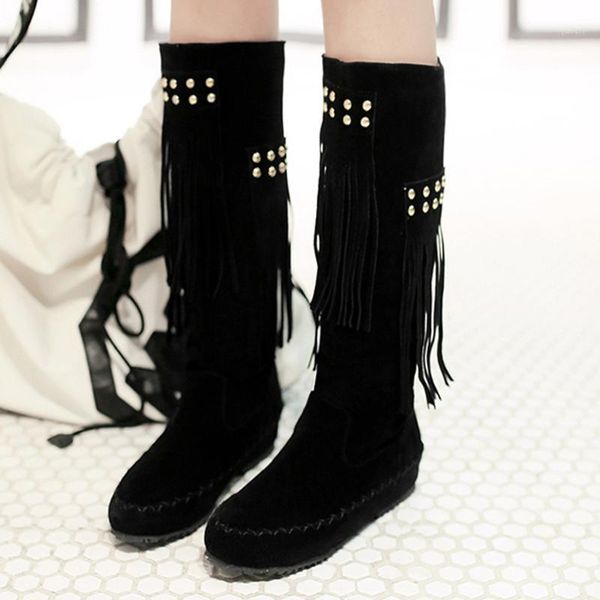 

women boots warm winter long boot female round toe low heel casual shoes fashion ladies soft flock slip tassel rivet boots1, Black