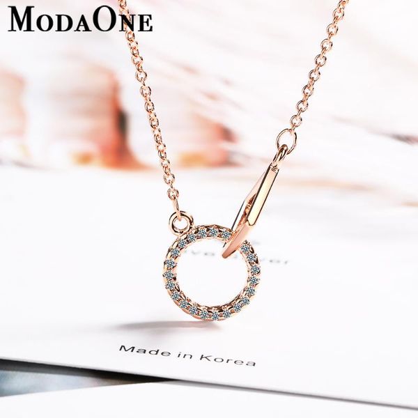 

modaone двойной круг розовое золото 925 серебряное ожерелье для женщин циркон ювелирные изделия кулон цепи kolye collares де moda 2020, Silver