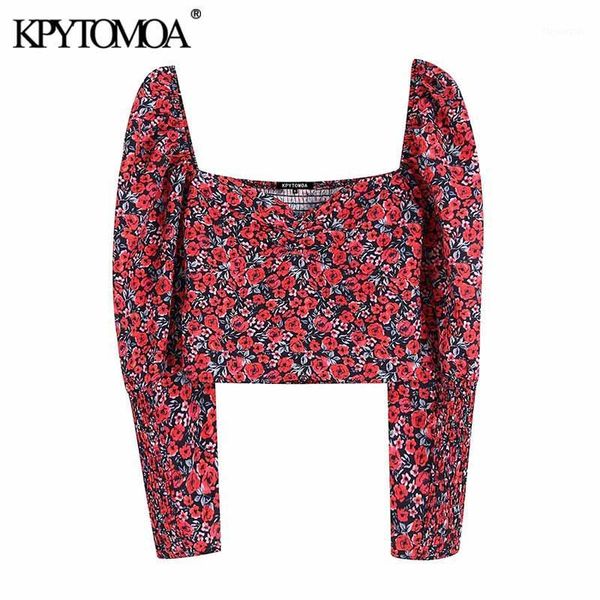 

kpytomoa women fashion floral print cropped blouses women vintage v neck long sleeve back elastic female shirts chic 1, White