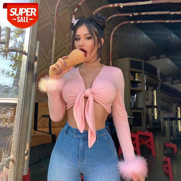 

style cross bow tie v neck crop autumn winter women long sleeve fur splice t shirt female party club #iz7q, White