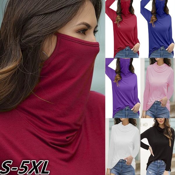 

women fashion face mask high neck long sleeve t-shirt solid color pullover blouses shirt casual tee 2020 wholesale sale cz1019b, White