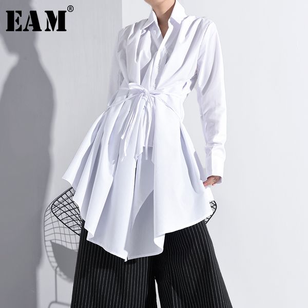 

[eam] women white bandage asymmetrical long blouse new lapel long sleeve loose fit shirt fashion tide spring autumn a536 201126
