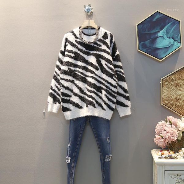 

ewq] 2020 new pattern new autumn round collar long sleeve black striped knitting pullovers vintage sweater women ak194001, White;black