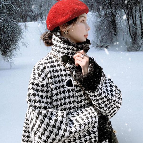 

women's wool & blends women's winter 2021 korean loose and fashionable thousand bird check ox horn button woolen overcoat fashion1, Black
