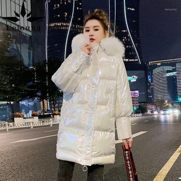 

women's down & parkas leiouna long thick solid casual 2021 fashion women glossy hooded parka jacket warm with fur collar white winter c, Black