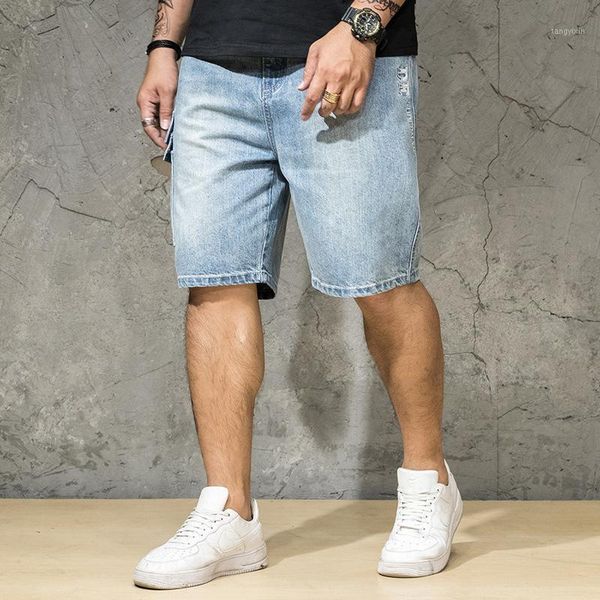 

6 pieces and summer popular brand large size men's wear plus-sized men's shorts elastic waist washing knee-length denim shorts1, Blue