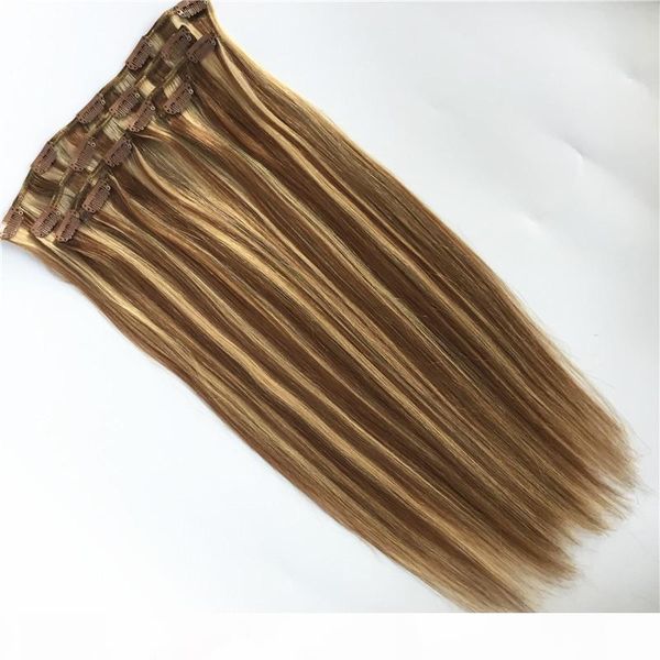 

elibess hair -clip in human hair extensions 100g 7pcs set straight wave piano color #8 613 27 613 clip on human hairs, Black