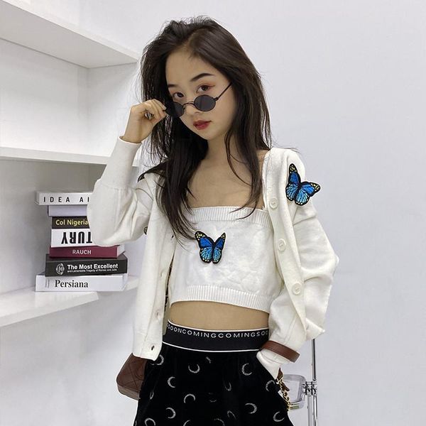 

pullover girls butterfly short knitted jacket 2021 spring medium and big kids sling cardigan two-piece set, Blue