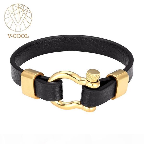 

popular horseshoe buckle screw rotating leather bracelet 316lstainless steel jewelry wholesale bangles 1028, Black