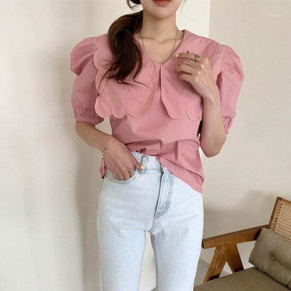 

alien kitty 2020 new summer blouses women korean style elegant lapel short puff sleeve solid sweet shirt female blusas1, White