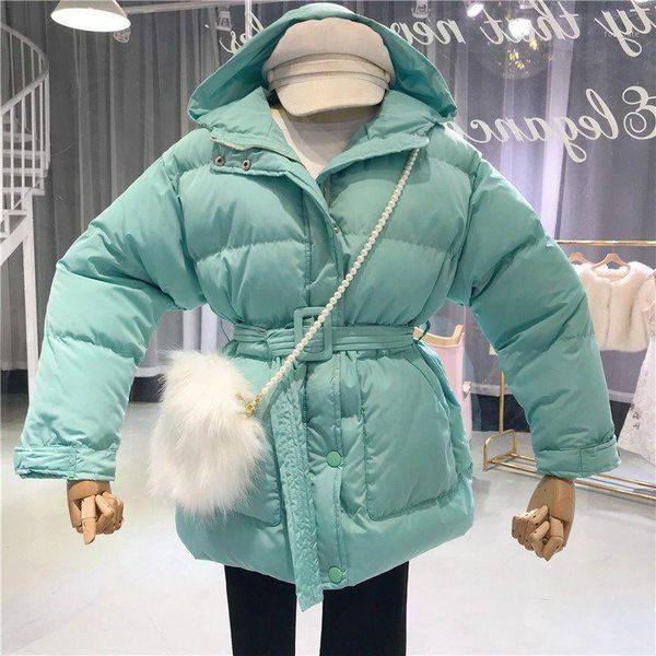 

2018 autumn winter fashion streetwear solid color hooded belt parkas women thick winter coat outerwear parka cotton padded coat1, Black