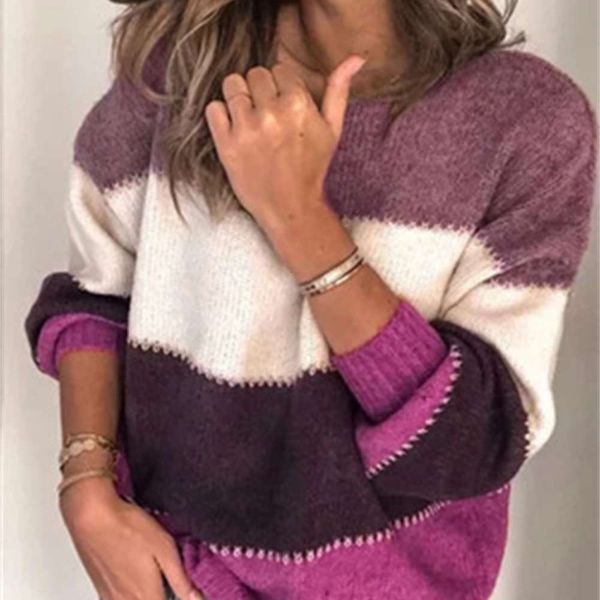 

1new long sleeve striped sweater women's round neck knitted pullover uy, White;black
