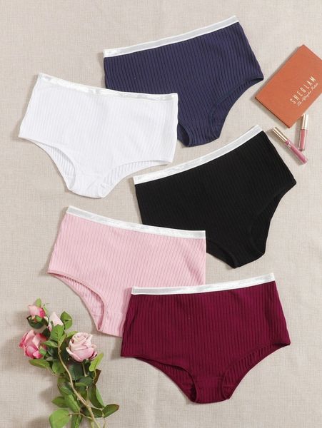 

5pack plus rib contrast binding panty set e0rr#, Black;white