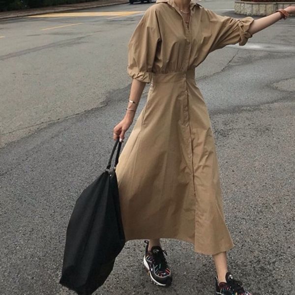 

корейский шик длинная юбка рубашка прохладный стиль нагрудные однобортный тонкая талия близко пузырь рукав рубашки стиль длинные платья для, Black;gray