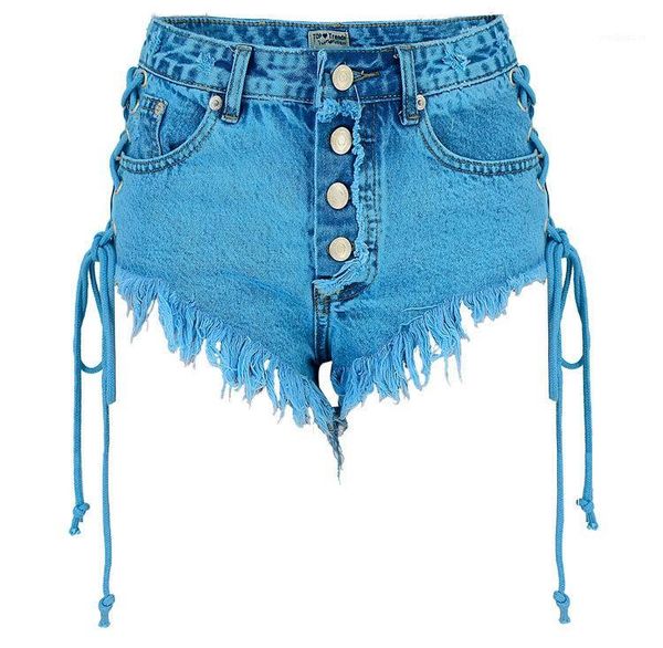 

side lace up jeans shorts single breasted high waist short jeans for women summer beach bandage short denim pants1, Blue