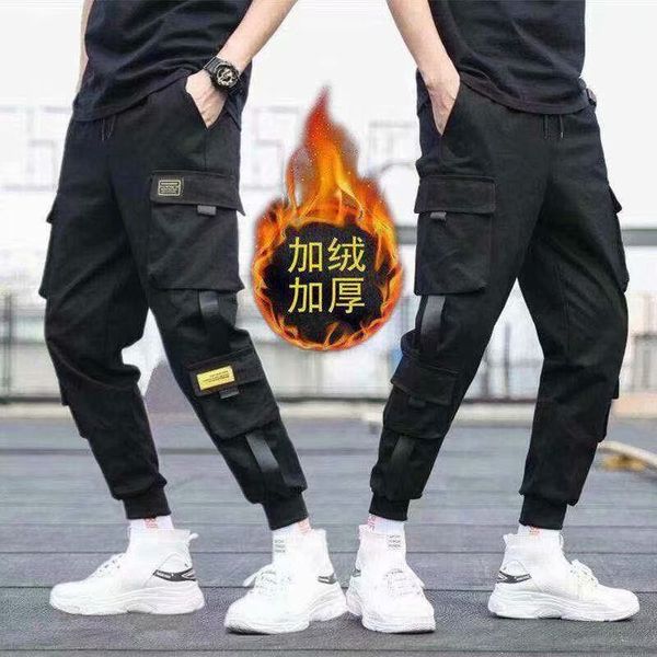 

new fall and winter clothes in 2019 mainly promote casual plush overalls men's legged multi pocket pants, Black