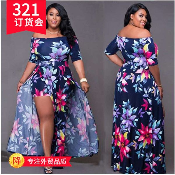 

print oversized fat woman's 5xl digital one piece split dress, Black;gray