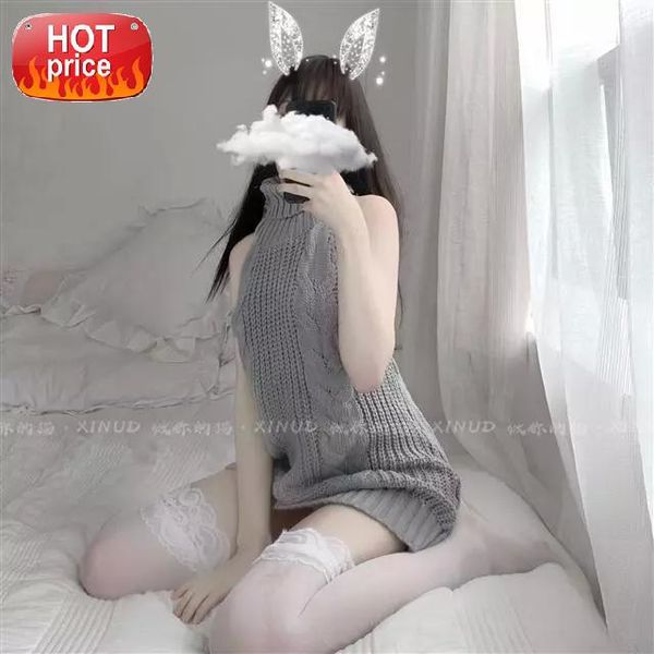 

backless women sweaters grey turtleneck sleeveless long virgin killer cow cosplay costumes japanes knitted and pullovers #mp8j, Black;white