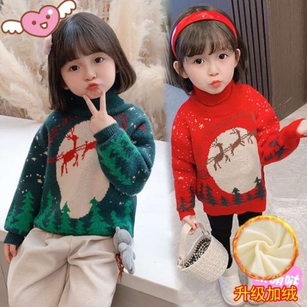 

deer girls' snow turtleneck sweater plush and thickened 2020 children's winter wear baby's wtern sle pullover knitted top, Blue