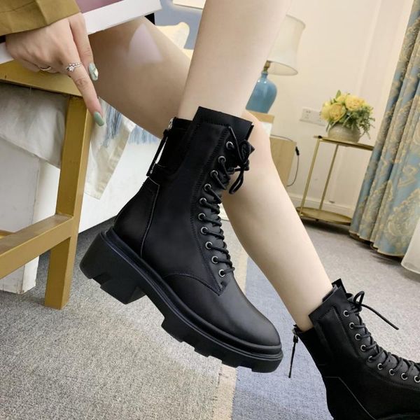 

2020 new autumn winter bootie pocket buckle strap motorcycle bota shiny leather patchwork new arrival boots flat platform, Black