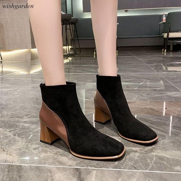 

boots women`s winter ankle square toe fashion shoes heels comfortable lady buckle short plush warm inside, Black
