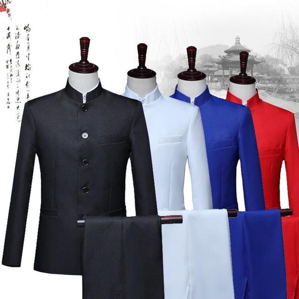 

suits men 2020 new long sleeve dress men's casual wedding banquet suit slim fit clothing chinese dress two piece set coat pants1, White;black