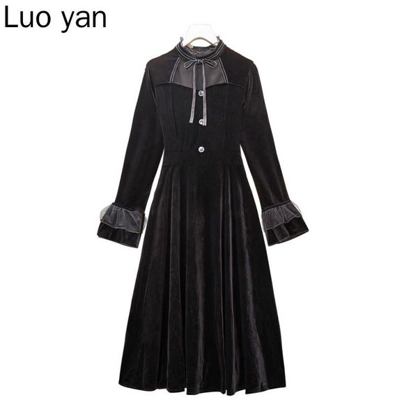 

casual dresses plus size women vintage velvet long dress autumn winter 2021 mesh patchwork sleeve high waist black for robe, Black;gray