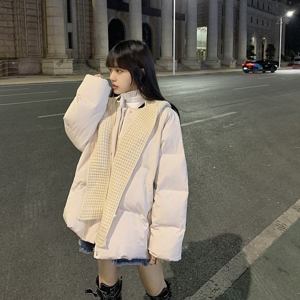 

fnoce new winter women's down jackets fashion youth trends casual solid long sleeve o-neck loose slim cotton parkas coats scarf, Black