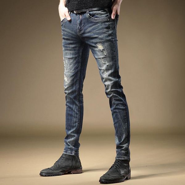 

fashion ripped jeans men blue straight slim fit pants streetwear distressed denim trousers