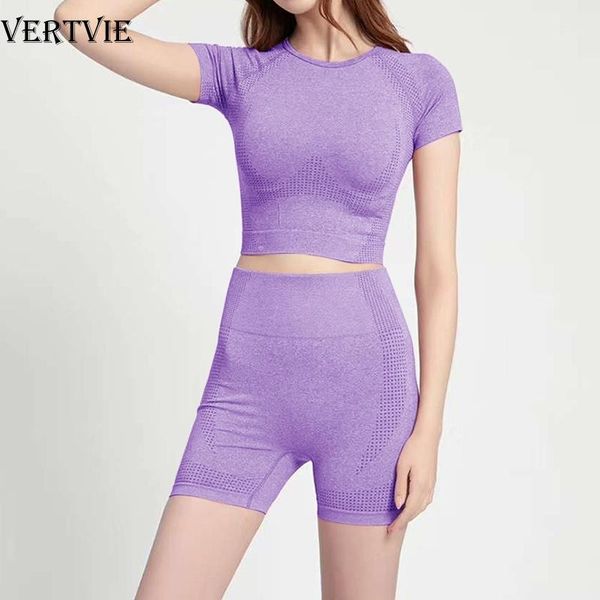 

vertvie women short sleeve yoga set 2 piece seamless sport suit gym clothes fitness crop shirt high waist shorts sportswear1, White;red