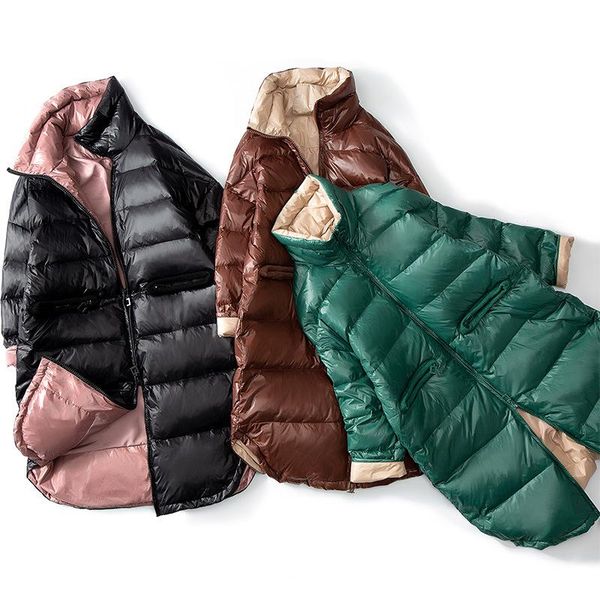 

women's down & parkas coat 2021 women jacket loose large size bright female zipper stand up collar parka mid-long winter warm, Black
