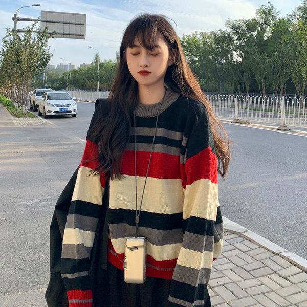 

female korean harajuku striped lazy wind loose sweater women's sweaters japanese kawaii ulzzang cute clothing for women, White;black