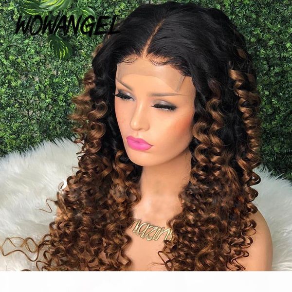 

wowangel ombre colored 4x4 closure lace front human hair wigs 180% density loose wave pre plucked 150% density remy lace frontal, Black;brown