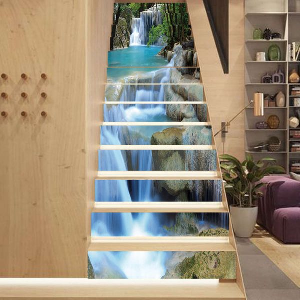 

self adhive removable waterproof pvc mural on the decorative wall of high mountain, flowing water and waterfall stairs