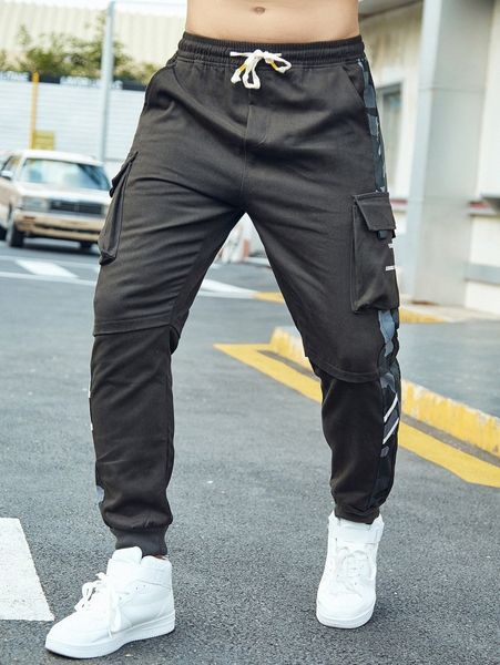 

men letter graphic camo side seam flap pocket drawstring waist pants l19c#, Black