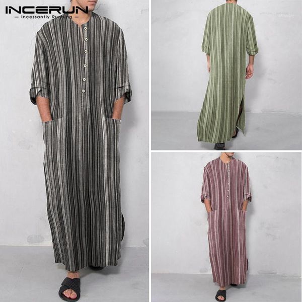 

men muslim islamic arabic kaftan striped cotton pockets long sleeve fashion jubba thobe middle east dubai abaya incerun s-5xl1, Red