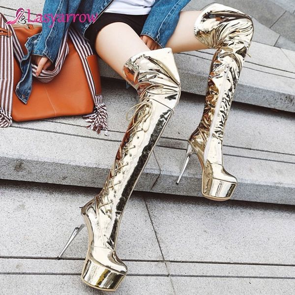 

lasyarrow women extremely high stiletto heel night club dance thigh high boots ladies platform shiny silver over-the-knee boots t200425, Black