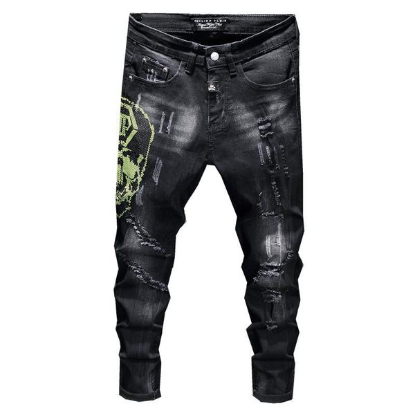 

fall winter new tattered cats must-have drilled tight men pants men slim washed jeans black, Blue