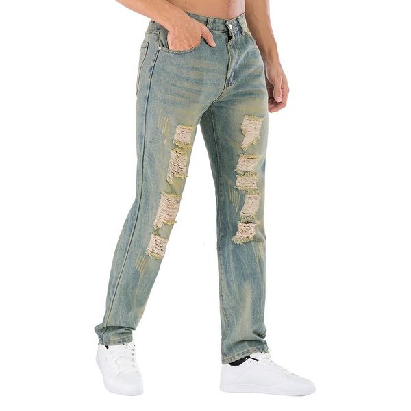 

hole jeans old straight four color men's pants, Blue