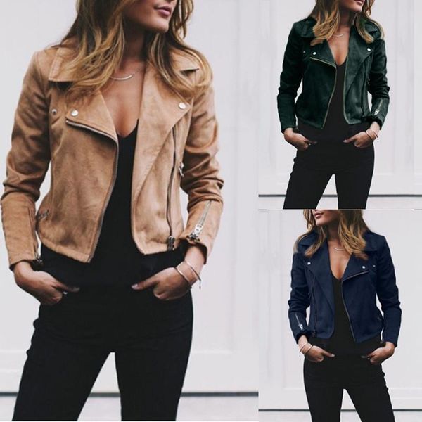 

women jacket bomber jacket turn-down collar zipper suede spring autumn fashion classic moto biker basic jacket coat, Black;brown