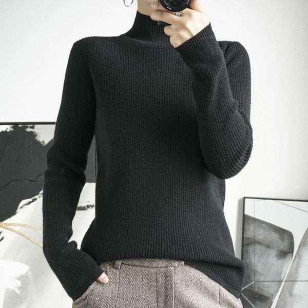 

2021 100% pure wool mesh sweaters for woman half-tall neck long better feminine elastic pullovers spring winter jumpers ak0y, White;black