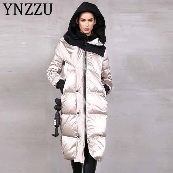 

ynzzu 2020 winter women's down jacket glossy long 90% white duck down coat thicken warm female hooded outwear a13961, Black