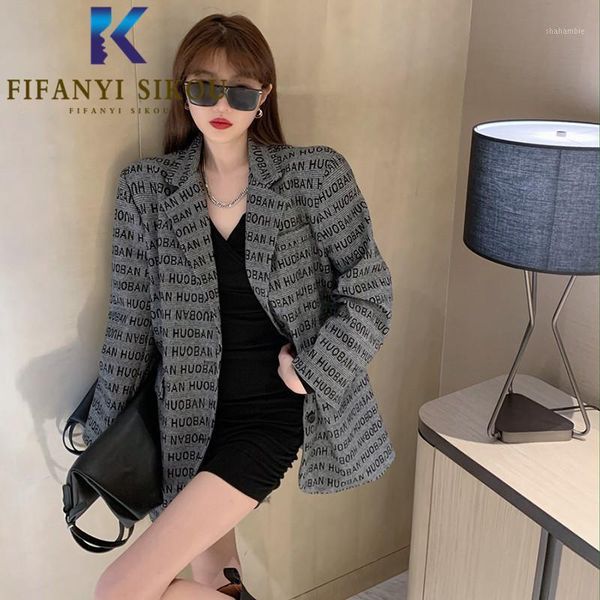 

autumn winter woolen blazer jacket women streetwear fashion letter print suit jacket female loose lapel chic blazers coat1, White;black
