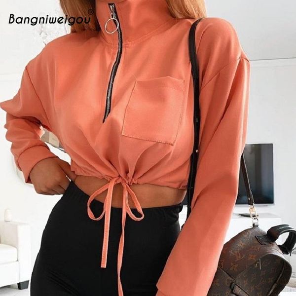 

bangniweigou high neck zipper cropped jacket women long sleeve drawstring waist short sweat shirt outerwear streetwear, Black;brown